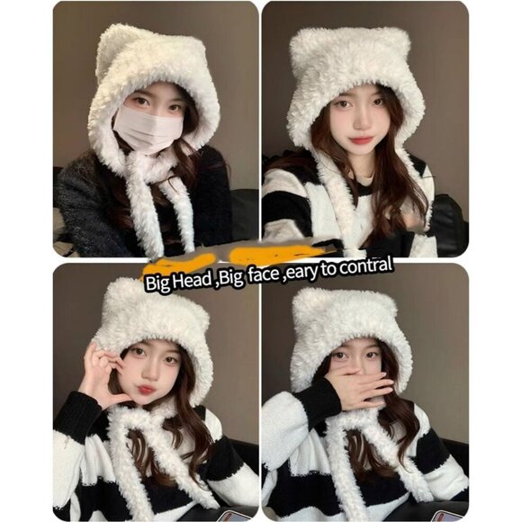Women White Winter Beanie Hats Knit Ear Flaps Cute Stuffed Bear Ears Fleece main image 5